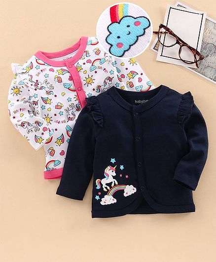 Babyoye Full Sleeves Unicorn Print Jhabla Pack of 2 - Blue Pink