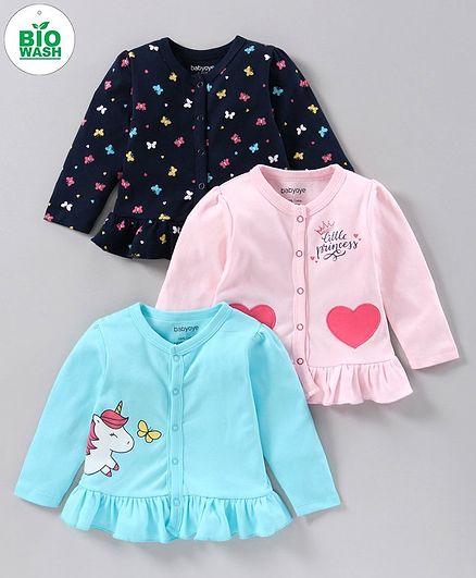 Babyoye Full Sleeves Jhabla Heart & Butterfly Print Pack of 3 - Blue Pink