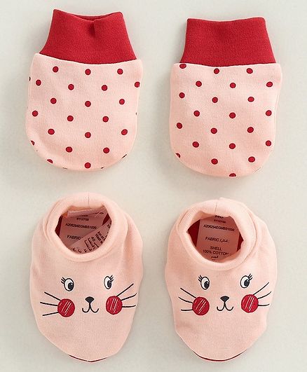 Babyoye Mittens & Booties Kitty & Dot Print - Pink