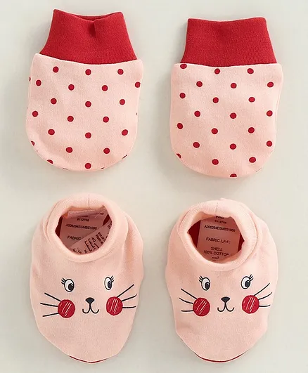 Babyoye Mittens & Booties Kitty & Dot Print - Pink