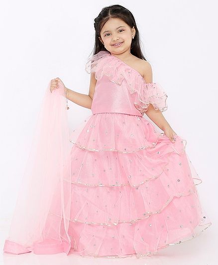 Babyhug Sleeveless Choli & Layered Lengha with Dupatta Sequin Embellishment - Pink