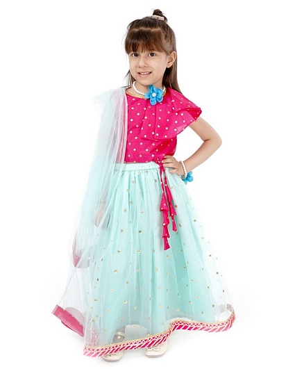Babyhug Foil Printed Frilled Choli & Net Sequined Lehenga with Dupatta - Fuchsia Aqua Blue