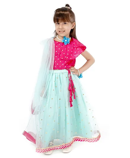 Babyhug Foil Printed Frilled Choli & Net Sequined Lehenga with Dupatta - Fuchsia Aqua Blue