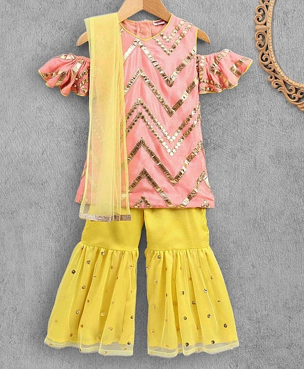 Babyhug Cold Shoulder Sleeve Kurta Sharara With Net Dupatta Set - Peach Lime