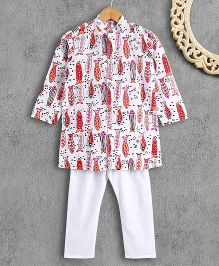 Babyhug Full Sleeves Kurta Pyjama Set Fish Print - Red White