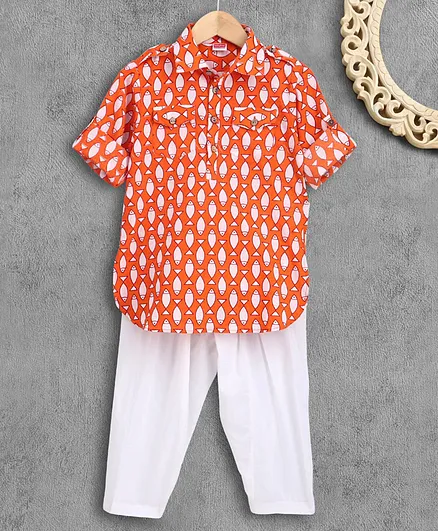 Babyhug Full Sleeves Kurta Pyjama Set Fish Print - Orange White
