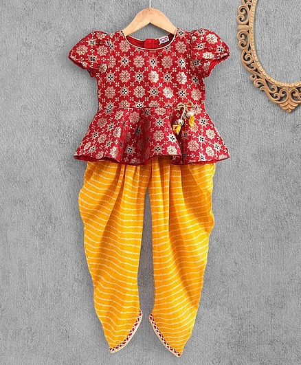 Babyhug Cap Sleeves Peplum Top & Dhoti Set - Red & Yellow