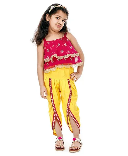Babyhug Singlet Layered Top & Indo Western Dhoti Sequin Detailing - Fuchsia & Yellow