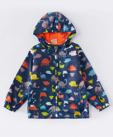 Kookie Kids Full Sleeves Hooded Sweat Jacket Fire Dino Print - Blue