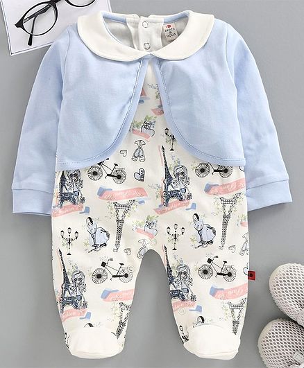 Brats and Dolls Full Sleeves Footed Romper With Attached Shrug Multiprint - Blue White