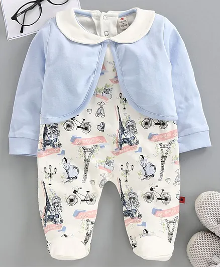 Brats and Dolls Full Sleeves Footed Romper With Attached Shrug Multiprint - Blue White