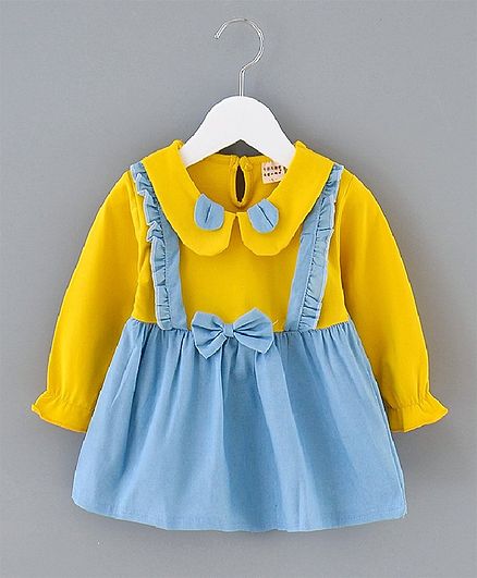 Kookie Kids Peasant Sleeves Frock Bow Applique - Yellow Blue