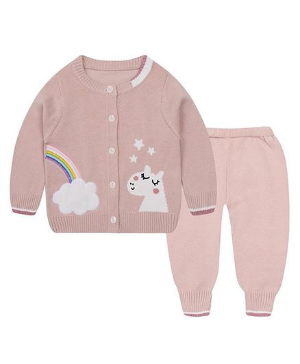 Kookie Kids Full Sleeves Baby Sweater Set Llama Design - Pink