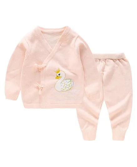Kookie Kids Full Sleeves Sweater Set Swan Patch - Pink