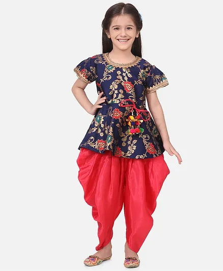 BownBee Jacquard Short Sleeves Brocade Work Top With Contrast Dhoti - Blue Orange