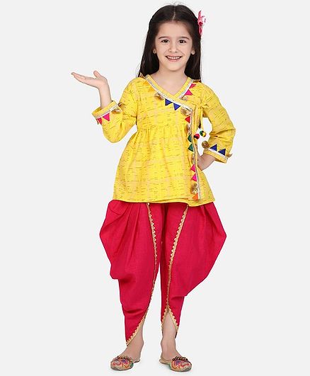 BownBee Block Print Full Sleeves Top With Dhoti - Yellow Red