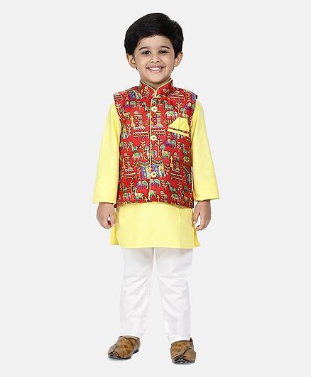 Bownbee Full Sleeves Village Art Print Kurta With Pajama & Waistcoat - Yellow