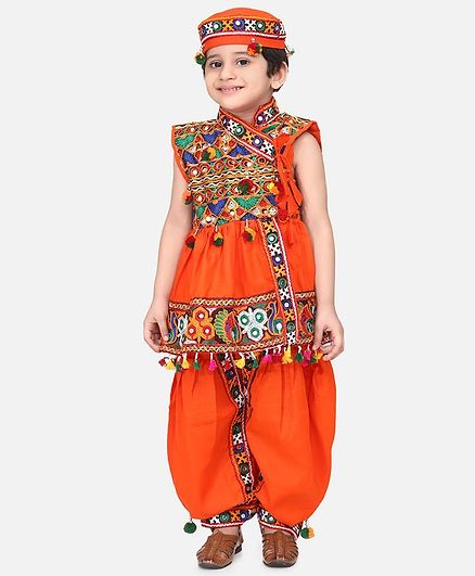 BownBee Sleeveless Mirror Work Kedia With Dhoti & Cap - Orange