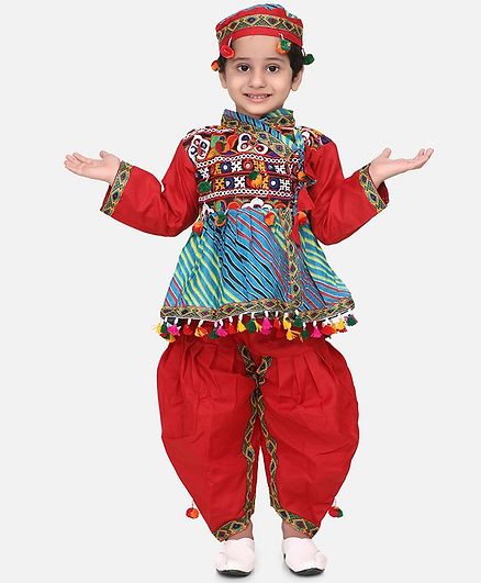 BownBee Full Sleeves Leheriya Pattern Kedia Dhoti Set With Cap - Red