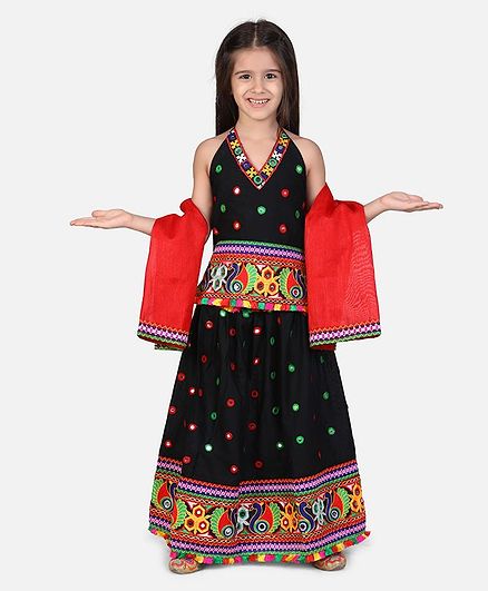 BownBee Full Sleeves Halter Neck Mirror Work Embroidered Hem Choli With Lehenga & Dupatta - Black