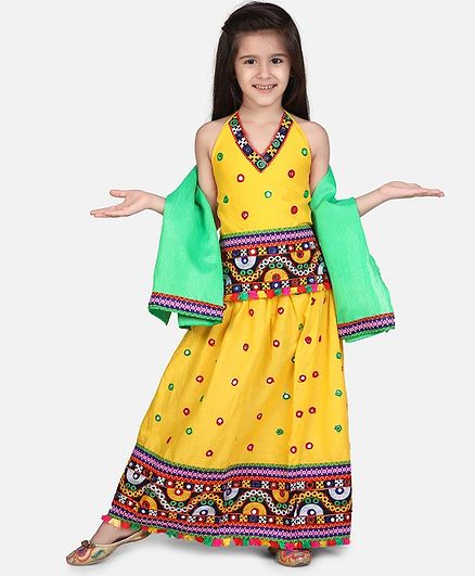 BownBee Full Sleeves Halter Neck Mirror Work Embroidered Hem Choli With Lehenga & Dupatta - Yellow