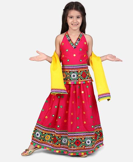 BownBee Full Sleeves Halter Neck Mirror Work Embroidered Hem Choli With Lehenga & Dupatta - Dark Peach