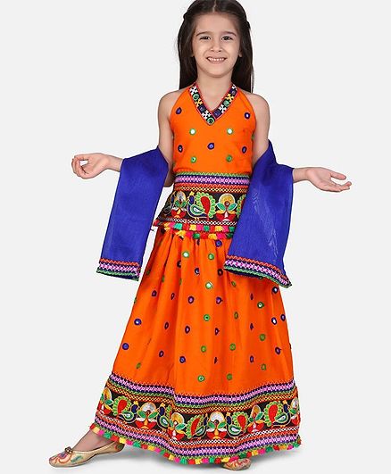 BownBee Full Sleeves Halter Neck Mirror Work Embroidered Hem Choli With Lehenga & Dupatta - Orange