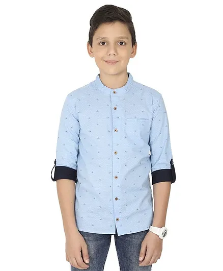 MANET Melange Three Fourth Sleeves Ship Printed Shirt - Blue