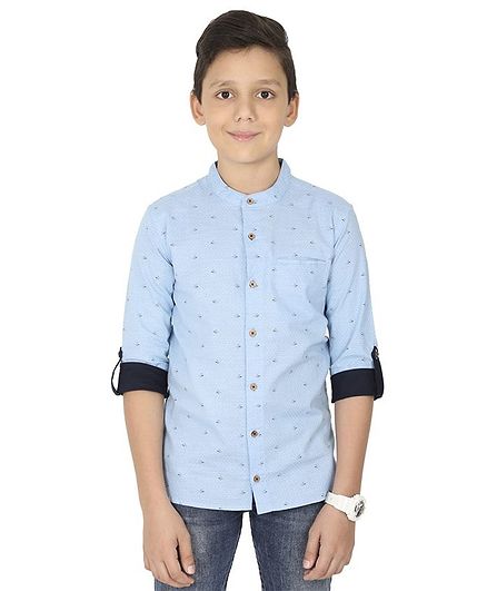 MANET Melange Three Fourth Sleeves Ship Printed Shirt - Blue