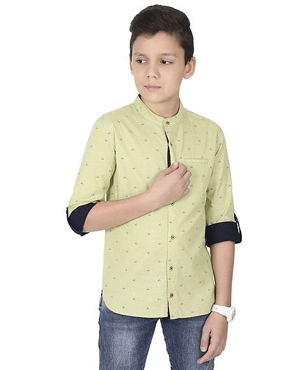 MANET Melange Three Fourth Sleeves Ship Printed Shirt With Pocket - Green