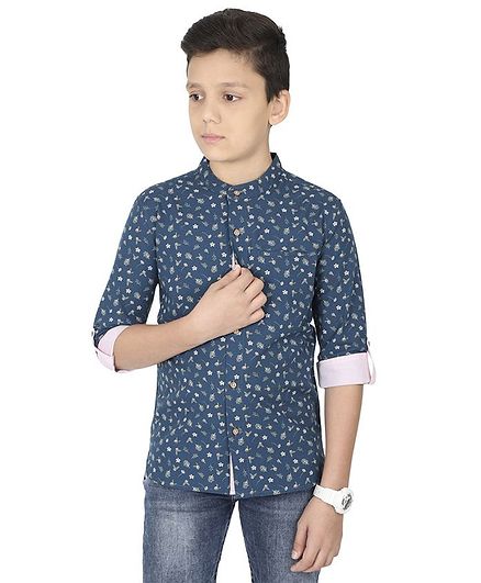 MANET Melange Three Fourth Sleeves Flower Print Shirt - Blue