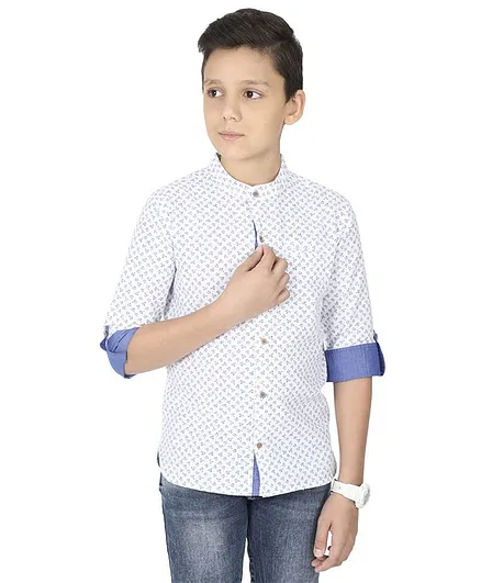 MANET Three Fourth Sleeves Flowers Printed Shirt With Pocket - White