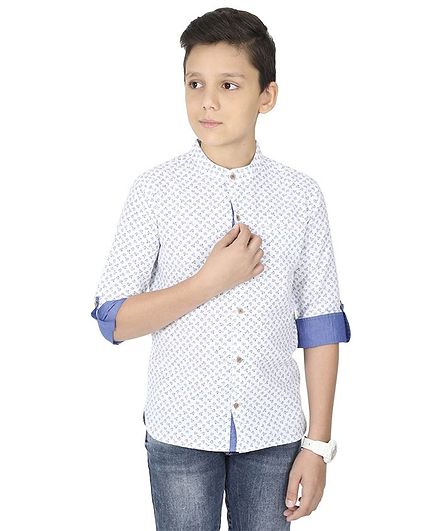 MANET Three Fourth Sleeves Flowers Printed Shirt With Pocket - White