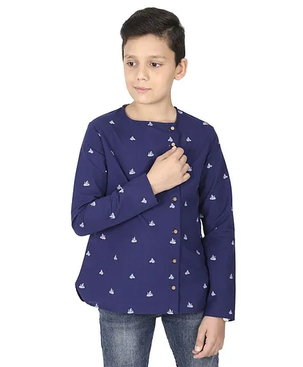 MANET Bohemian Full Sleeves Ship Printed Shirt - Blue