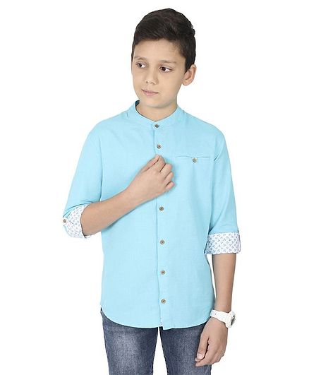 MANET Melange Three Fourth Sleeves Solid Shirt - Turquoise