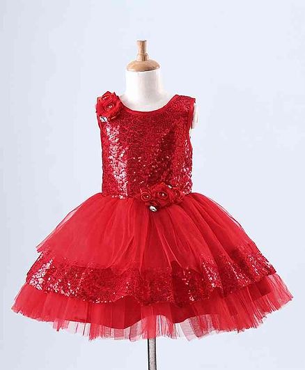Bluebell Sleeveless Sequined Party Wear Frock Floral Applique - Maroon