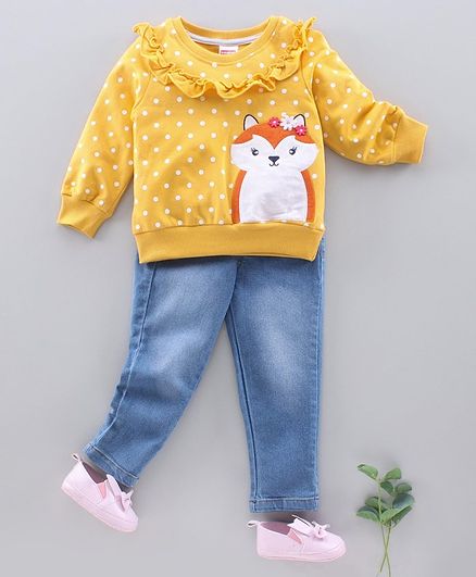 Babyhug Full Sleeves Tee & Jeans Fox Patch - Yellow Blue