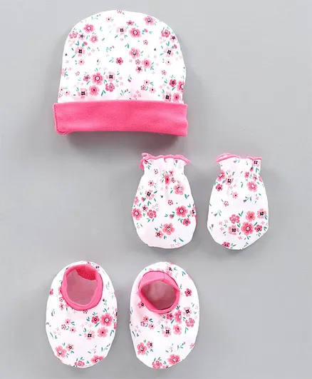 Babyhug 100% Cotton Cap Mitten and Booties Set Floral Print Pink - Diameter 9 cm
