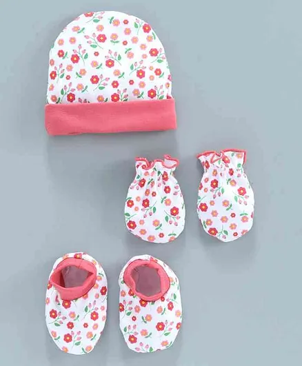 Babyhug 100% Cotton Cap, Mitten & Booties Set Floral Print Pink - Diameter 9.5 cm