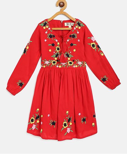Bella Moda Full Sleeves Floral Embroidered Dress - Red