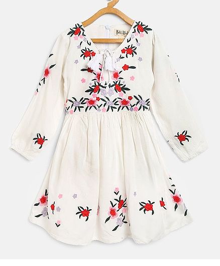 Bella Moda Full Sleeves Floral Work Dress - White
