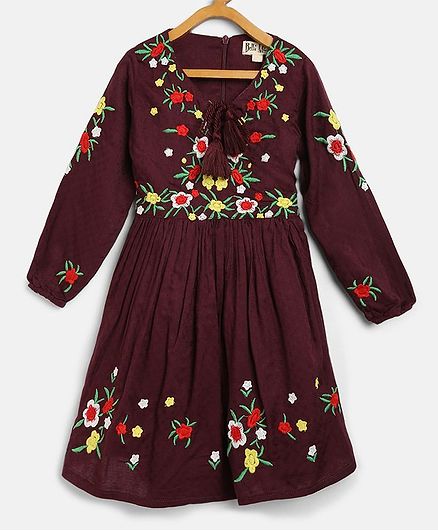 Bella Moda Full Sleeves Tassel Flora Embroidered Dress - Maroon