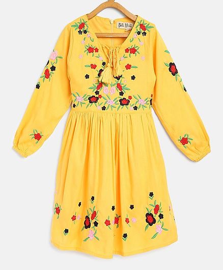 Bella Moda Full Sleeves Floral Work Dress - Yellow