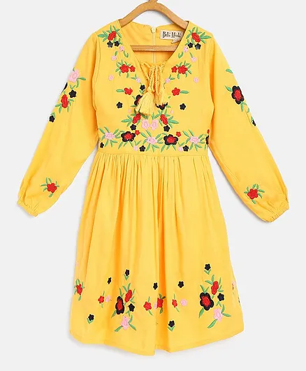 Bella Moda Full Sleeves Floral Work Dress - Yellow