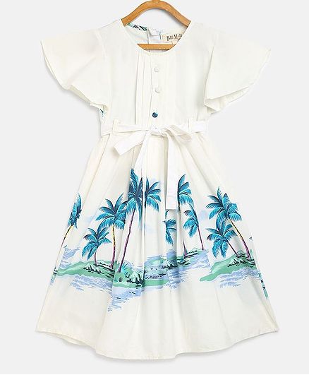 Bella Moda Short Sleeves Palm Trees Print Dress - White