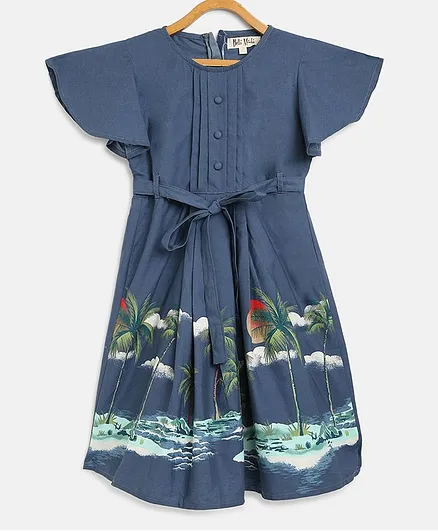 Bella Moda Short Sleeves Palm Trees Print Dress - Blue