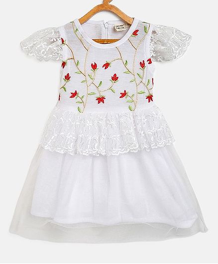 Bella Moda Short Sleeves Floral Work Lace Detailed Dress - White