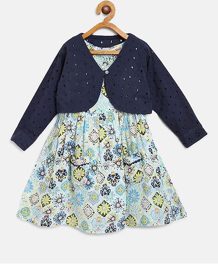 Bella Moda Sleeveless Flower Print Dress With Shrug - Blue