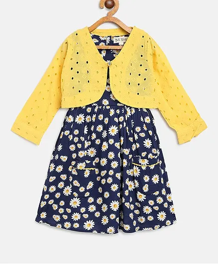 Bella Moda Sun Flower Print Sleeveless Dress With Shrug - Yellow & Blue