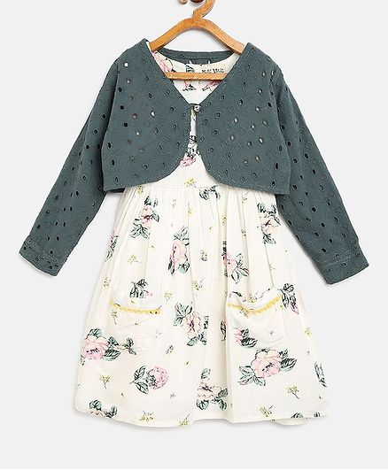Bella Moda Flower Printed Sleeveless Dress With Shrug - Green